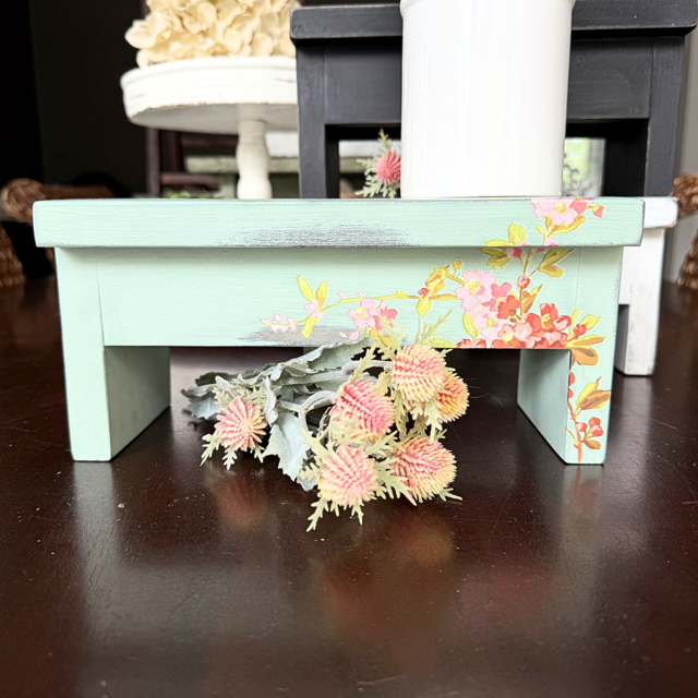 Decorative Mini Step Stool/Riser, Painted Green with Floral Images
