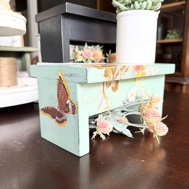 Decorative Mini Step Stool/Riser, Painted Green with Floral Images