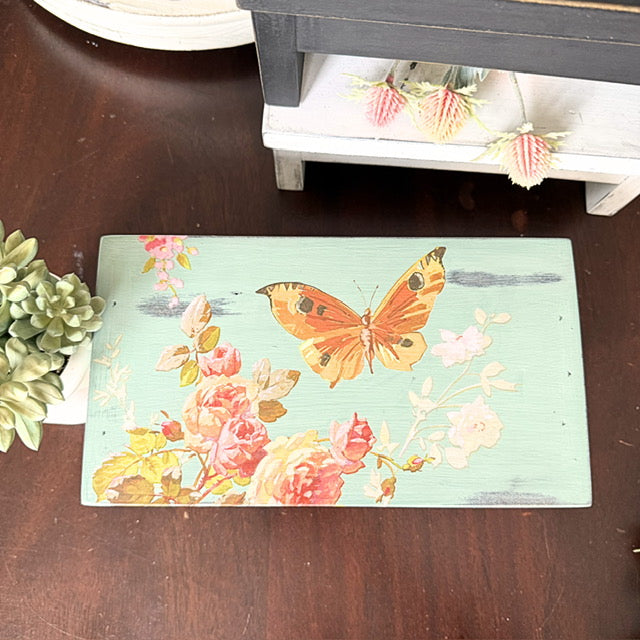 Decorative Mini Step Stool/Riser, Painted Green with Floral Images