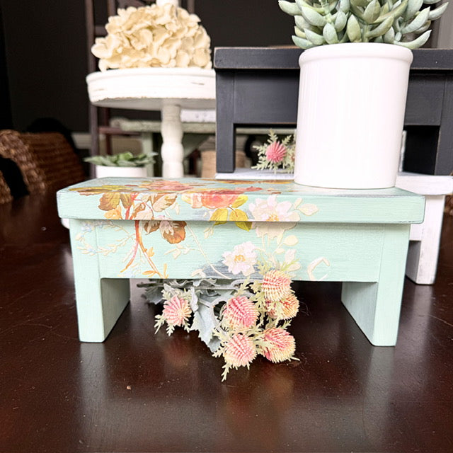 Decorative Mini Step Stool/Riser, Painted Green with Floral Images